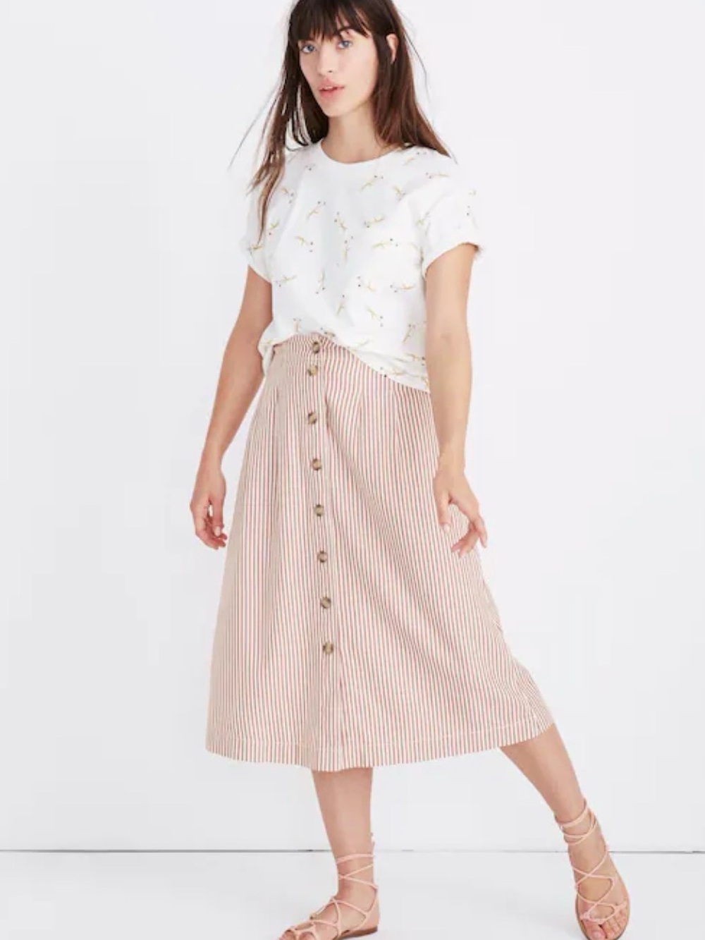 Madewell Patio Button Front Midi Skirt in Patio Stripe, Alby Stripe Burnt Clay 6